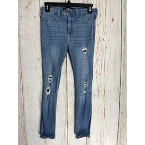 Hollister High Rise Cropped Ripped Jeans Junior Size 3 Blue Denim Cotton Casual